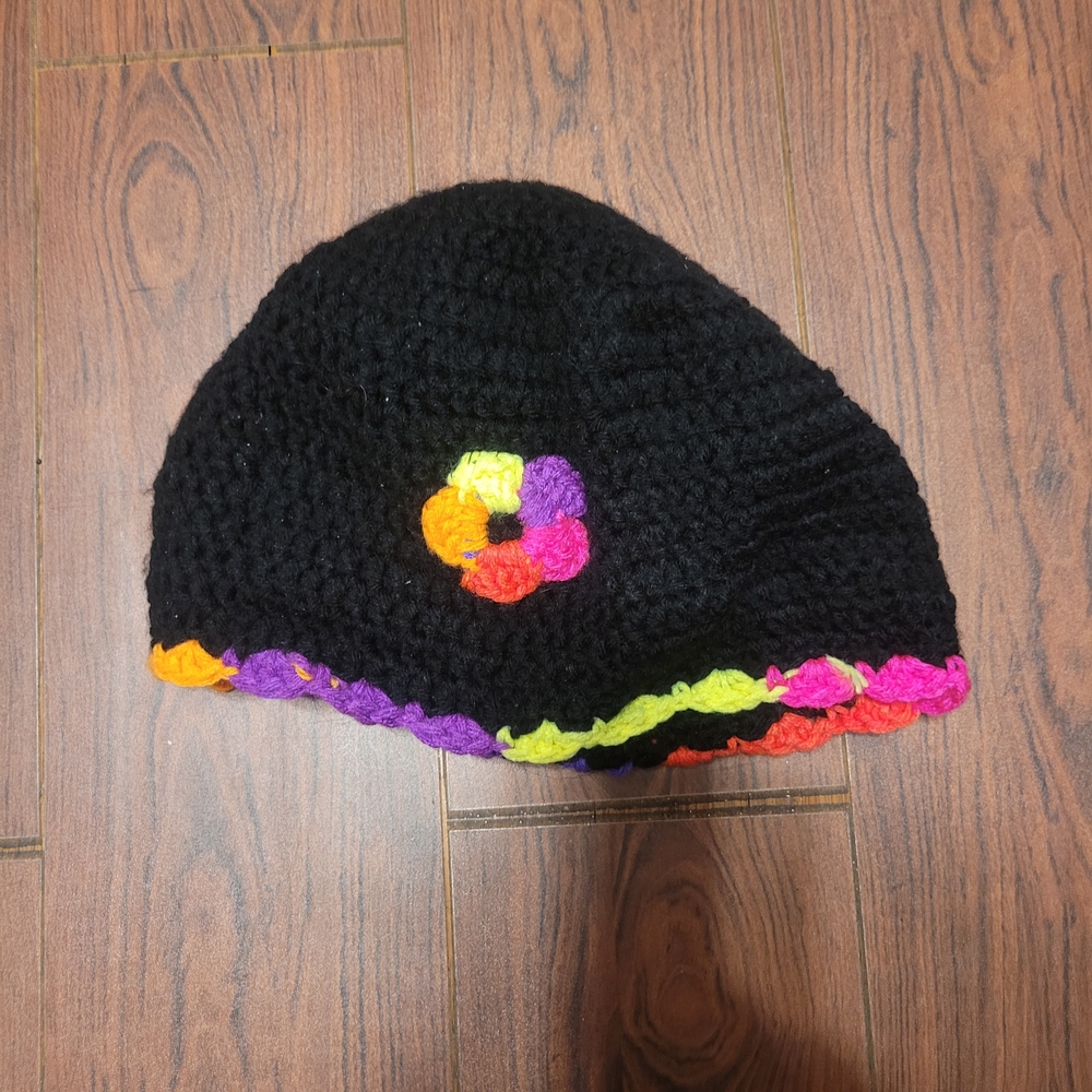 Black Crochet Beanie with Multicolor Accents